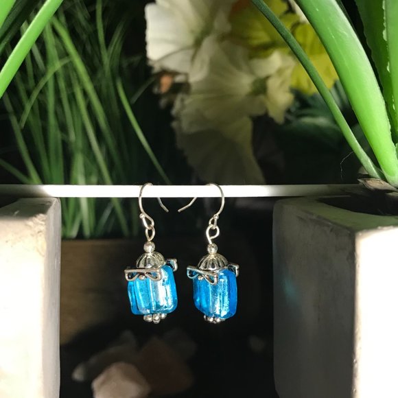 -Aqua Blue and Silver Reflective Dangling Earrings - Picture 5 of 6